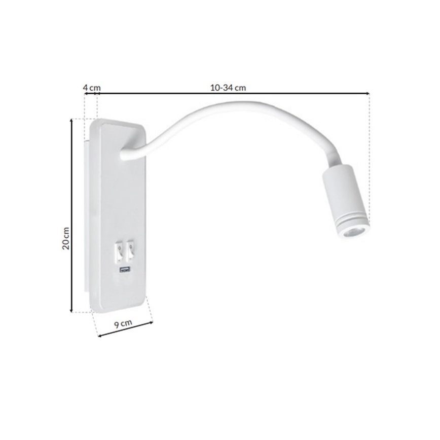 LED Elastyczny mały kinkiet z USB BASE 1xLED/8W+1xLED/2W/230V biały