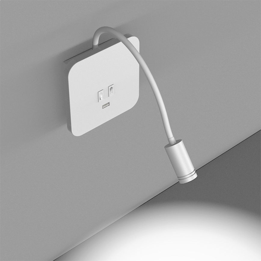 LED Elastyczny mały kinkiet z USB BASE 1xLED/8W + 1xLED/2W/230V biały