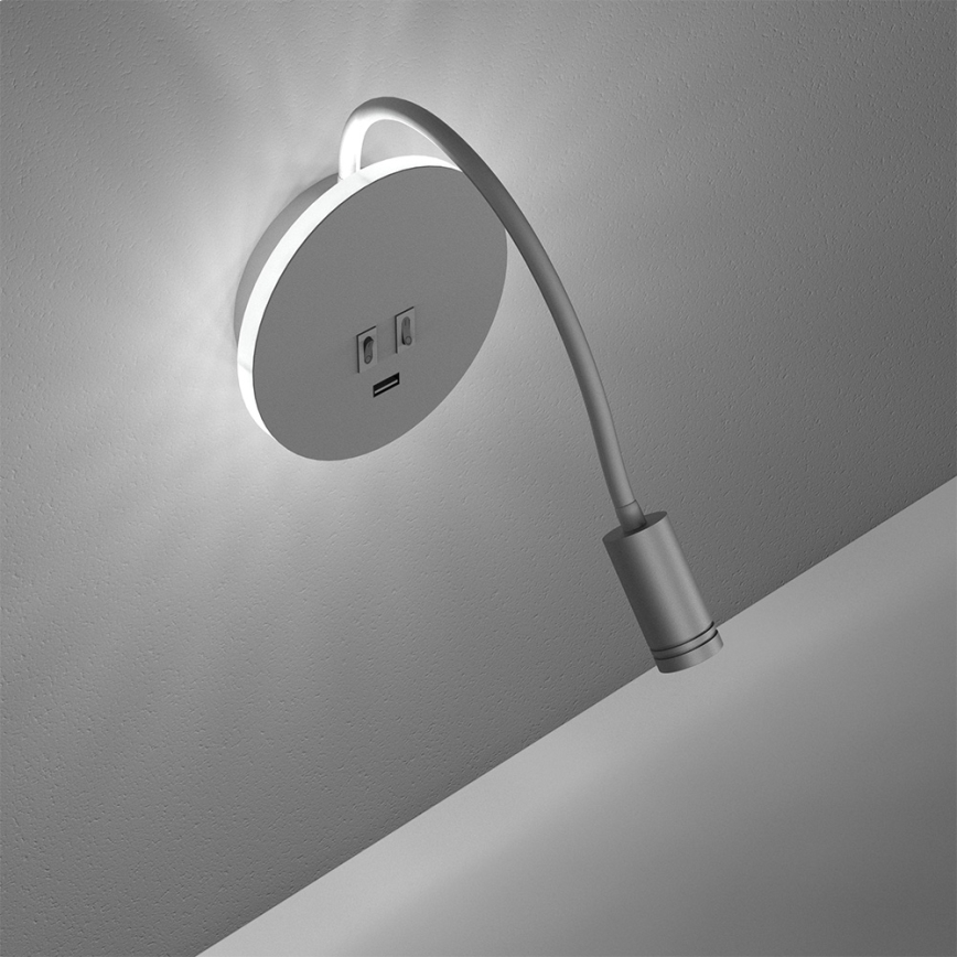 LED Elastyczny mały kinkiet z USB BASE 1xLED/8W+1xLED/2W/230V biały/srebrny