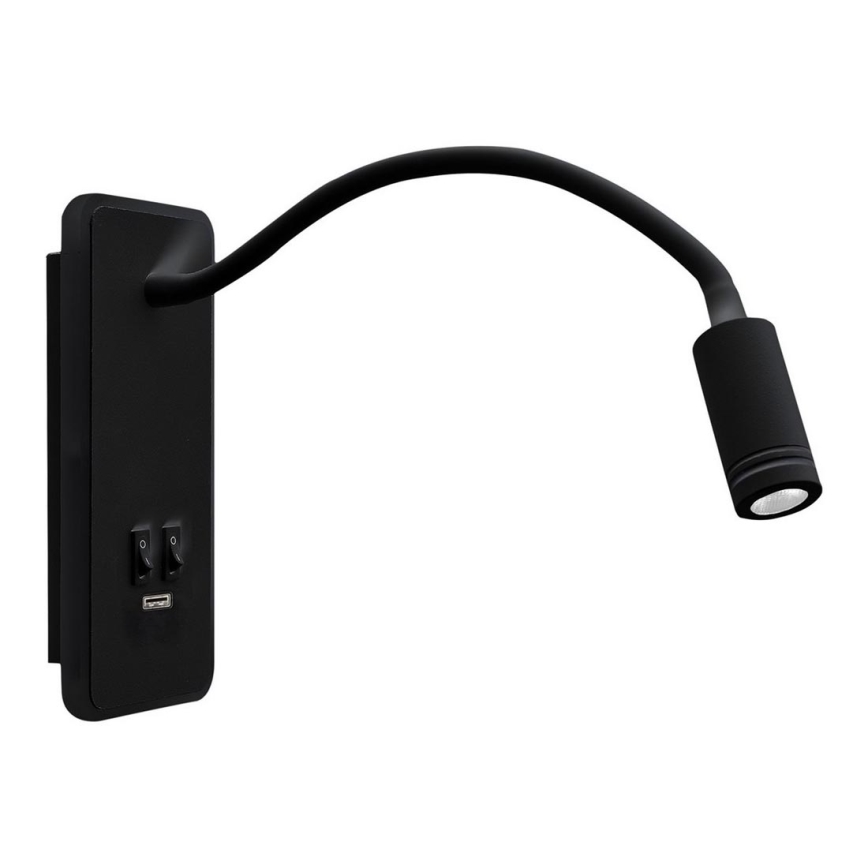 LED Elastyczny mały kinkiet z USB BASE 1xLED/8W+1xLED/2W/230V czarny