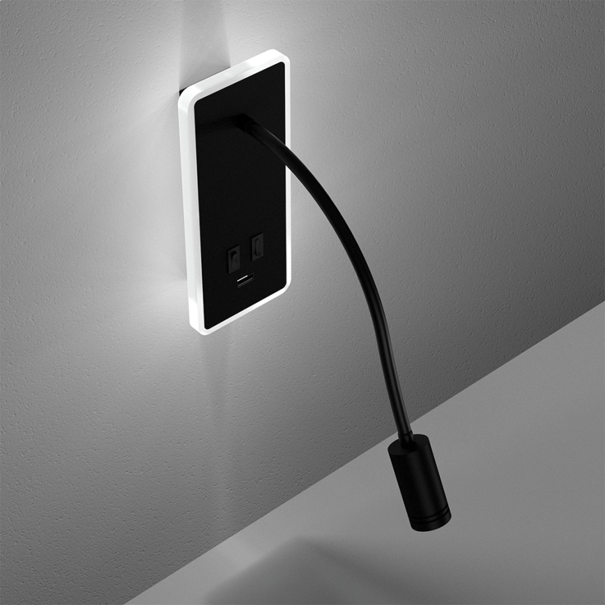 LED Elastyczny mały kinkiet z USB BASE 1xLED/8W+1xLED/2W/230V czarny