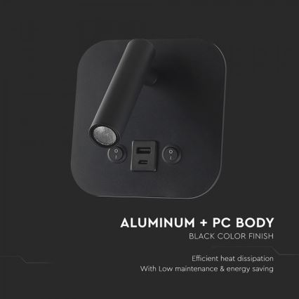 LED kinkiet punktowy ścienny z portem USB LED/8W/230V 3000K czarny