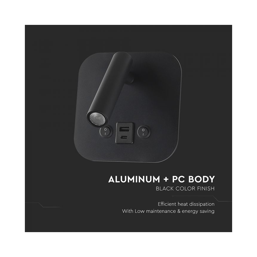 LED kinkiet punktowy ścienny z portem USB LED/8W/230V 3000K czarny