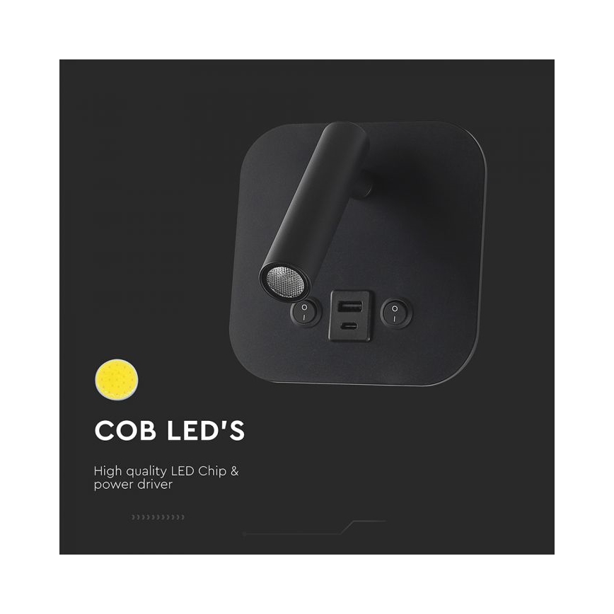 LED kinkiet punktowy ścienny z portem USB LED/8W/230V 3000K czarny