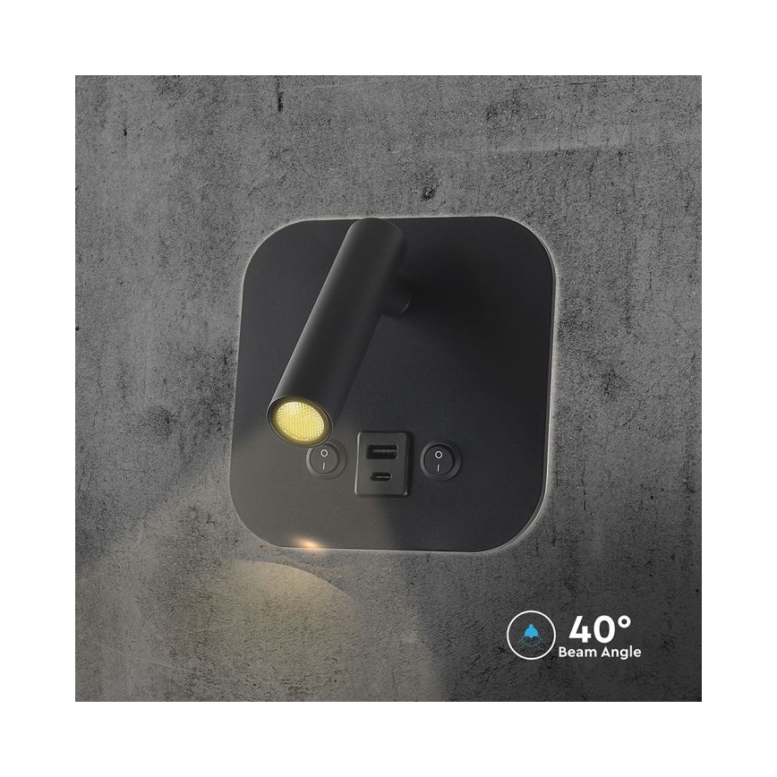 LED kinkiet punktowy ścienny z portem USB LED/8W/230V 3000K czarny