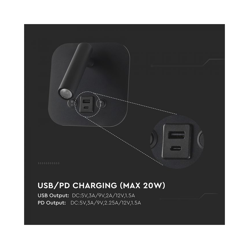 LED kinkiet punktowy ścienny z portem USB LED/8W/230V 3000K czarny