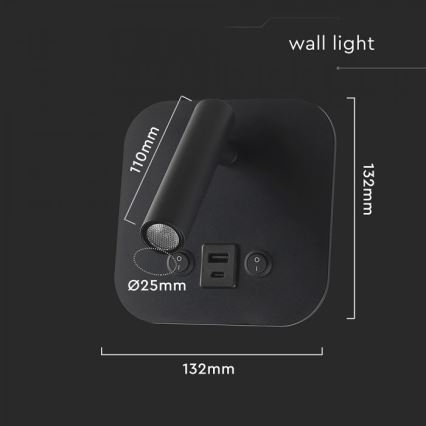 LED kinkiet punktowy ścienny z portem USB LED/8W/230V 3000K czarny
