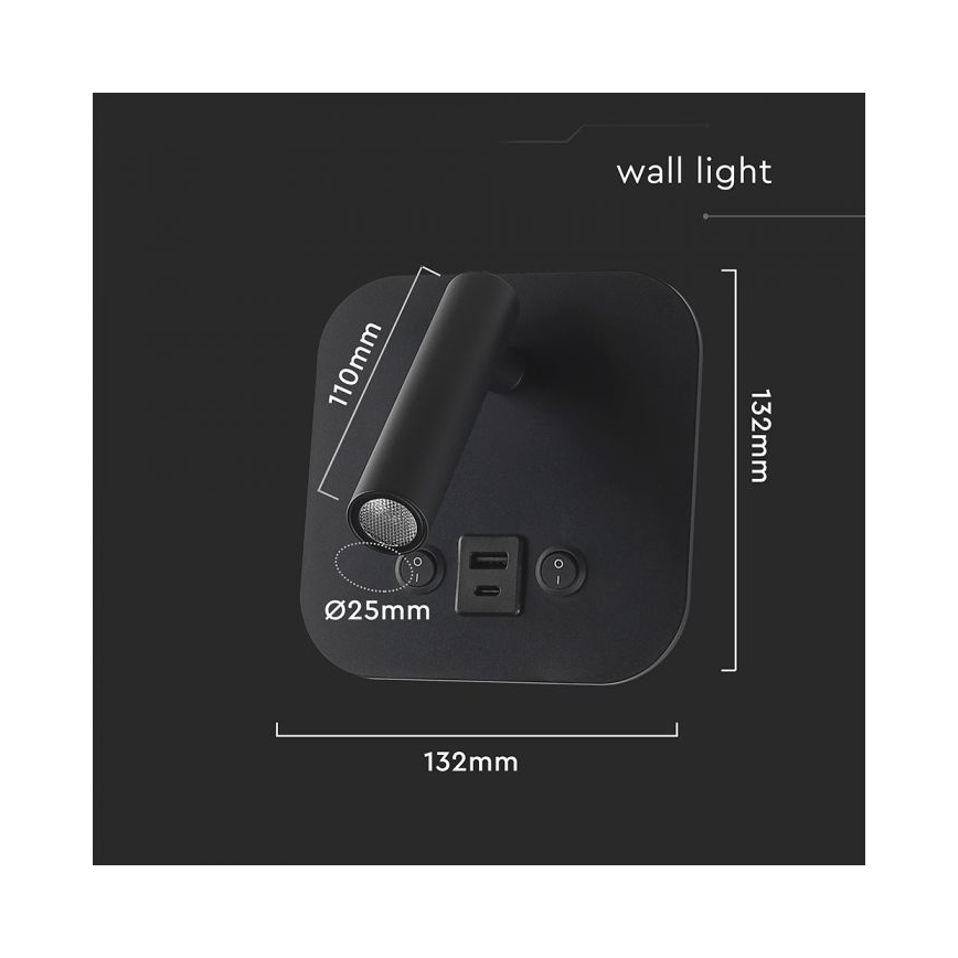 LED kinkiet punktowy ścienny z portem USB LED/8W/230V 3000K czarny