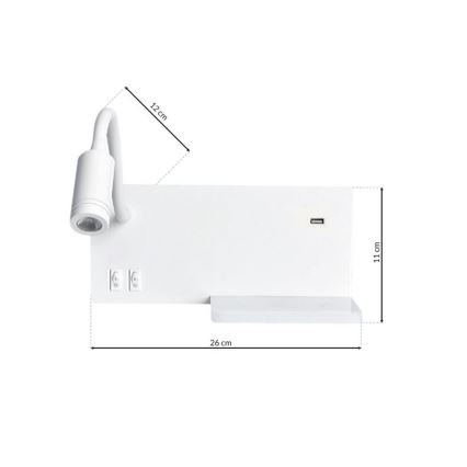 LED Kinkiet SHELF 1xLED/4W+1xLED/5W+1xLED/2W/230V + port USB biały