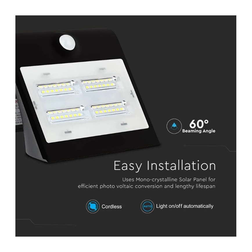LED Kinkiet solarny z czujnikiem LED/3W/3,7V 3000/4000K IP65 2000 mAh czarny