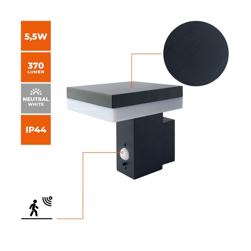 LED Kinkiet solarny z czujnikiem SOLARIS2 LED/5,5W/3,7V 4000K IP44 2600 mAh