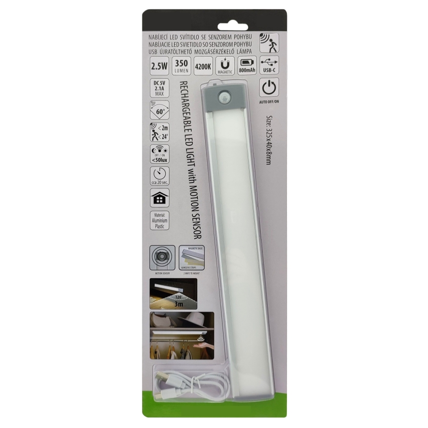 LED Ładowalna lampka meblowa z czujnikiem LED/2,5W/5V USB 800 mAh 4200K 32,5 cm