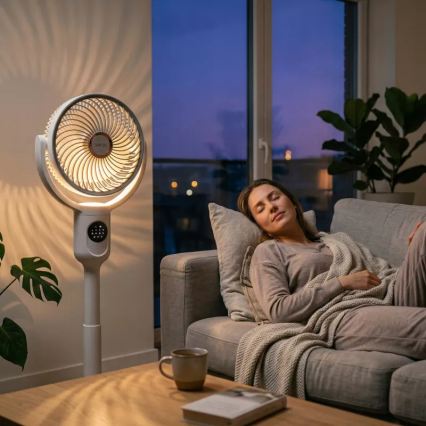 LED Ładowalny wentylator stojący z oświetleniem LED LED/4,8W/5V USB 7200 mAh biały + pilot zdalnego sterowania