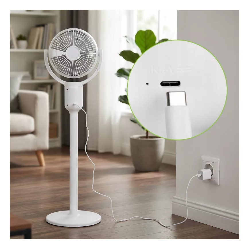 LED Ładowalny wentylator stojący z oświetleniem LED LED/4,8W/5V USB 7200 mAh biały + pilot zdalnego sterowania