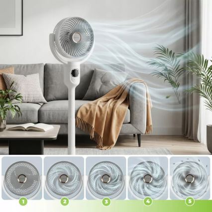 LED Ładowalny wentylator stojący z oświetleniem LED LED/4,8W/5V USB 7200 mAh biały + pilot zdalnego sterowania