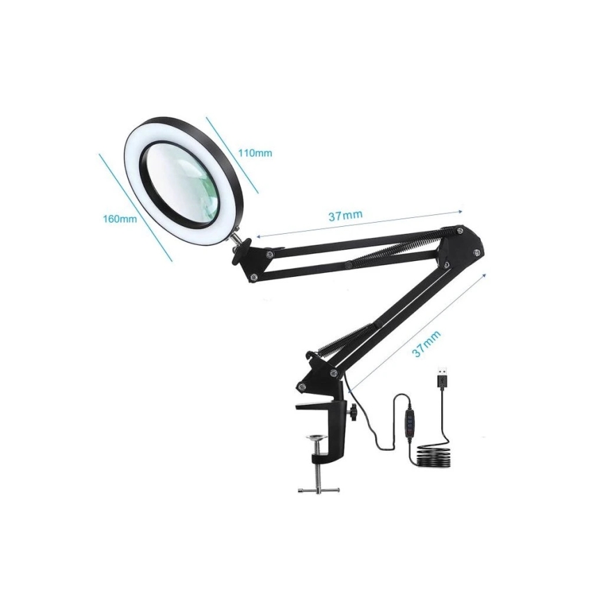 LED Regulowana lampa stołowa z lupą LED/22W/5V 4000-6000K czarna