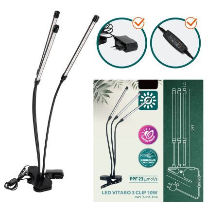 LED Ściemnialna elastyczna lampa stołowa z klipsem do uprawy roślin VITARO 3xLED/10W/230V czarny