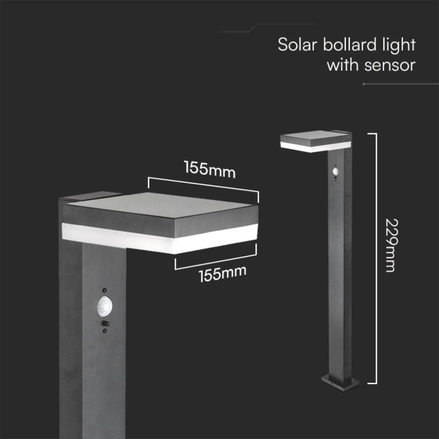 LED Lampa solarna z czujnikiem LED/2W/3,7V IP54 3000K 2200 mAh kanciasty czarny