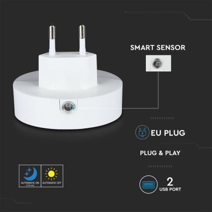 LED Lampka nocna z czujnikiem zmierzchu do gniazdka 2xUSB LED/0,45W/230V 3000K