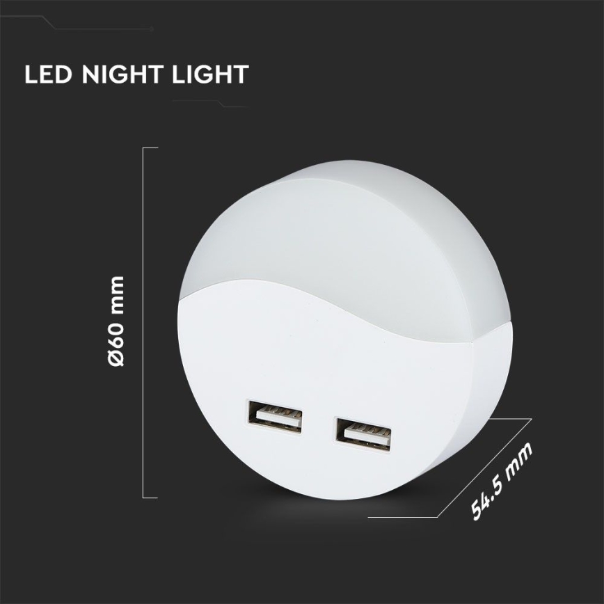 LED Lampka nocna z czujnikiem zmierzchu do gniazdka 2xUSB LED/0,45W/230V 3000K