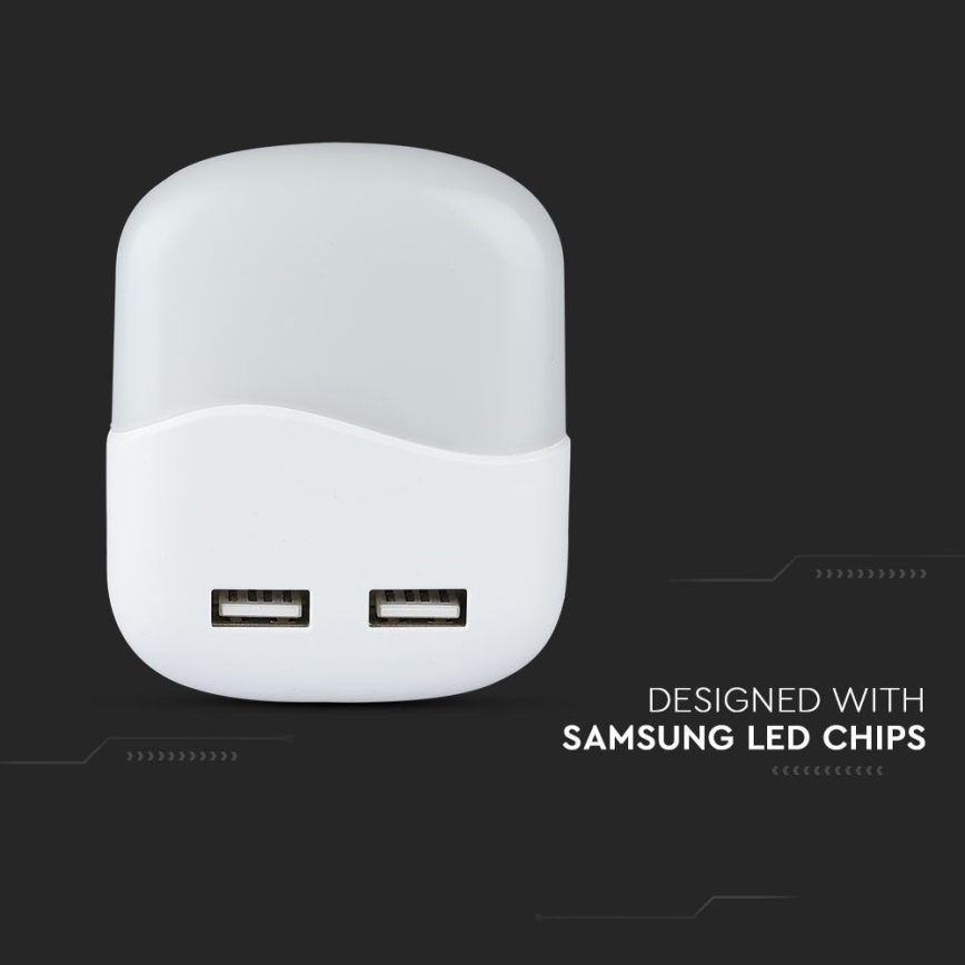 LED Lampka nocna z czujnikiem zmierzchu do gniazdka 2xUSB LED/0,45W/230V 3000K