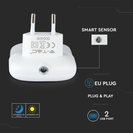 LED Lampka nocna z czujnikiem zmierzchu do gniazdka 2xUSB LED/0,45W/230V 3000K