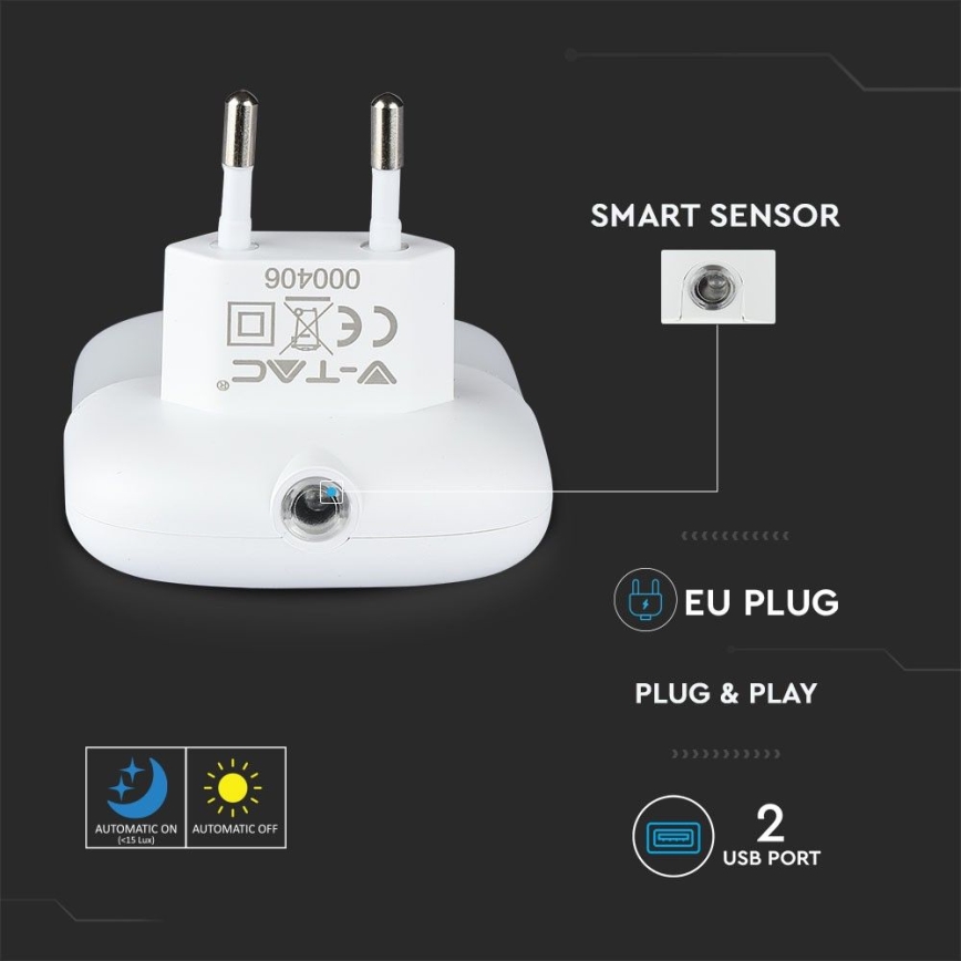 LED Lampka nocna z czujnikiem zmierzchu do gniazdka 2xUSB LED/0,45W/230V 3000K
