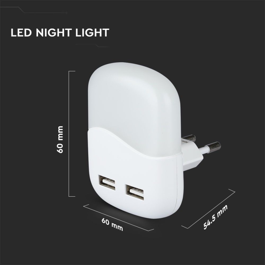 LED Lampka nocna z czujnikiem zmierzchu do gniazdka 2xUSB LED/0,45W/230V 3000K