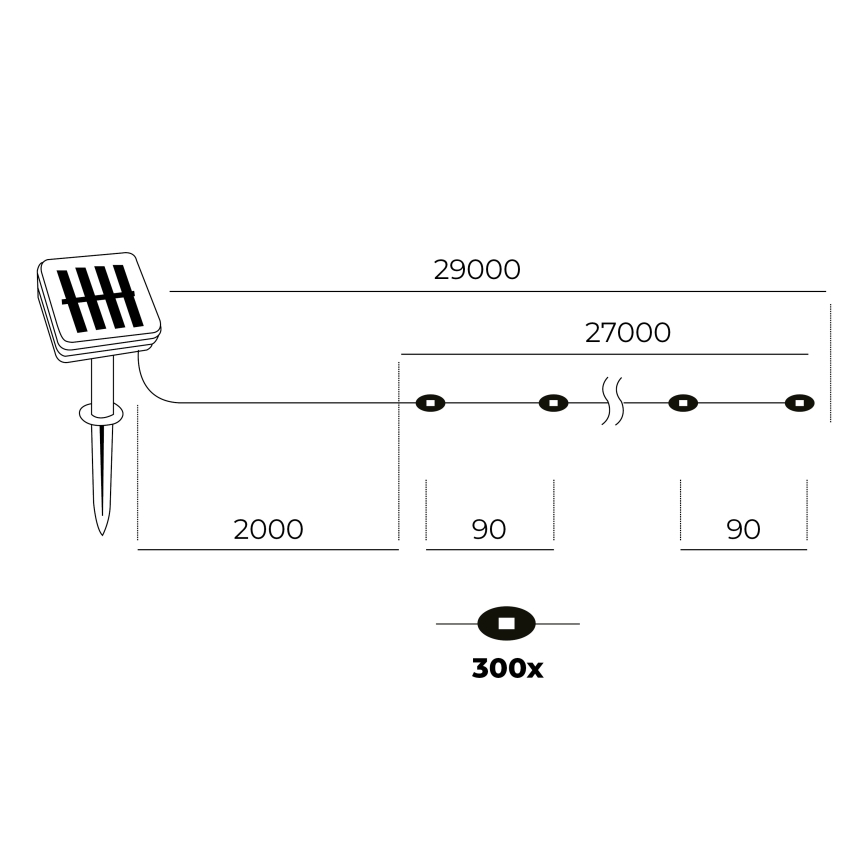 LED - Łańcuch solarny 300xLED/0,12W/1,2V 1xAA 27 m IP44 3000K