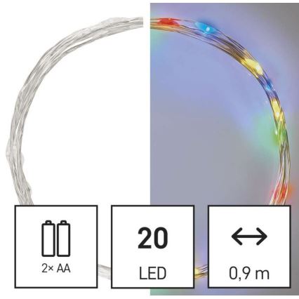 LED Łańcuch świąteczny 20xLED/2xAA 2,4m wielobarwny