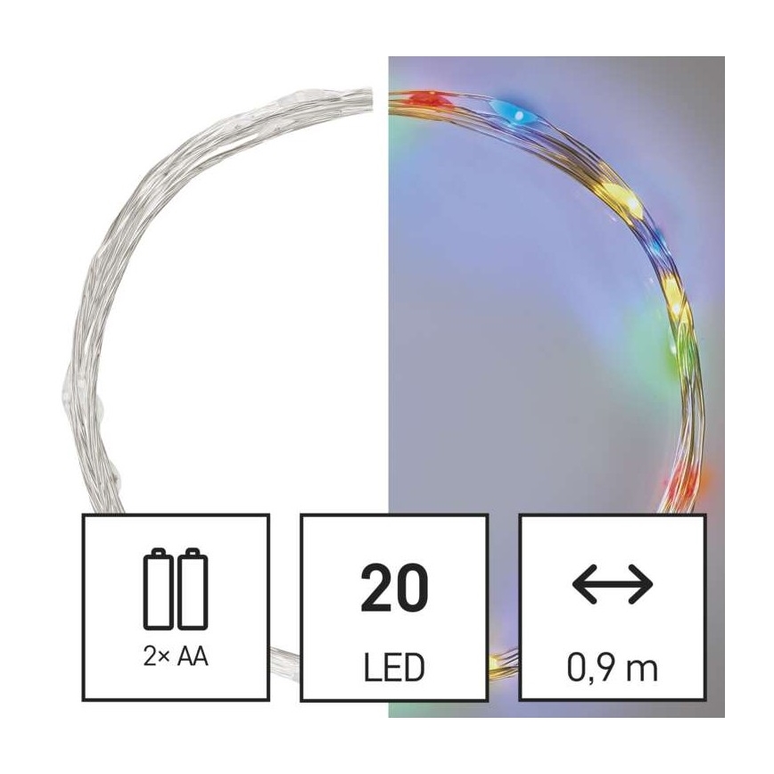 LED Łańcuch świąteczny 20xLED/2xAA 2,4m wielobarwny