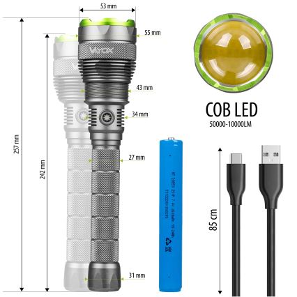 LED Ściemnialna akumulatorowa latarka z funkcją power banku LED/5V IPX7 10000 błyszcz. 2600 mAh