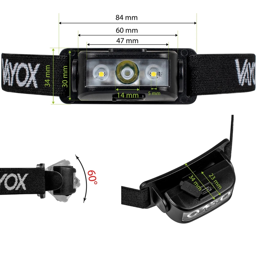 LED Regulowana czołówka ładowalna 3xLED/5V IPX4 100 lm 1200 mAh