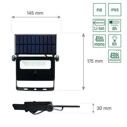 LED Naświetlacz solarny z czujnikiem NOCTIS LED/2W/1800 mAh 3,7V 6000K IP65