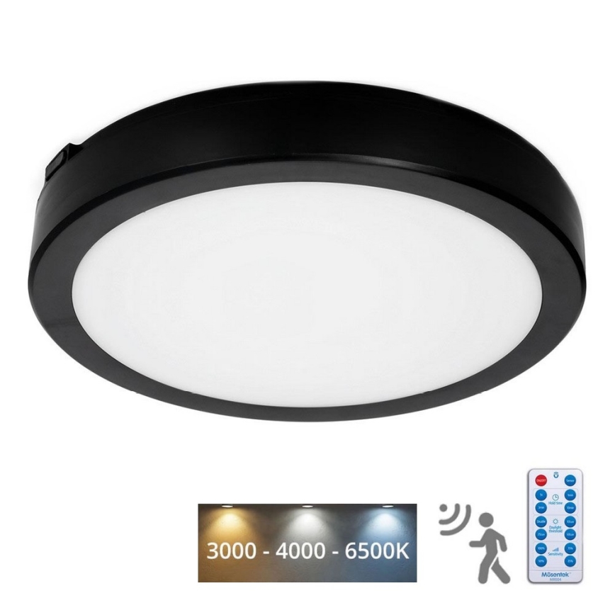 LED Plafon łazienkowy z czujnikiem NAIROS LED/24W/230V IP65 3000/4000/6500K śr. 30 cm czarny + zdalne sterowanie