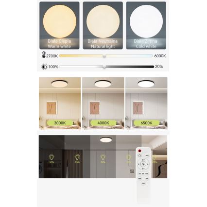 LED Plafon ściemnialny LED/30W/230V 3000-6500K śr. 30 cm biały + pilot zdalnego sterowania