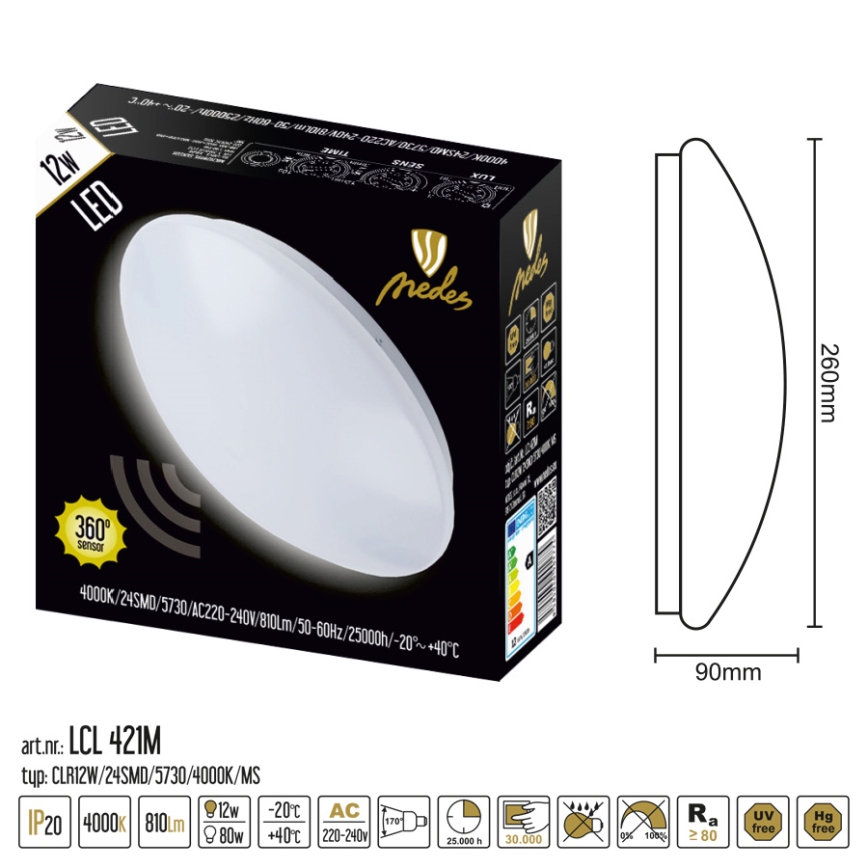 Nedes LCL421M - LED Lampa sufitowa z czujnikiem LED/12W/230V