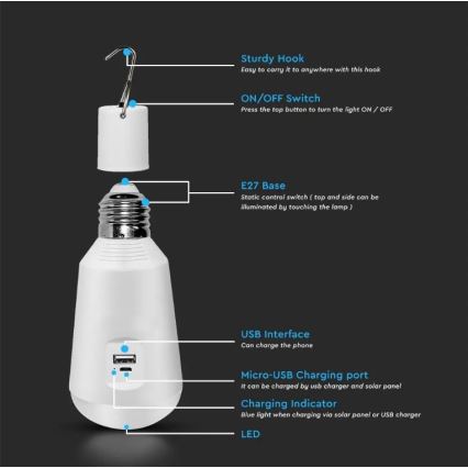 LED Przenośna lampa solarna 3w1 LED/7W/230V 3000K/4000K/6400K + ładowanie USB