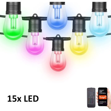 LED RGB+CCT ściemnialny łańcuch zewnętrzny GIRLANDA 15xLED/1W/230V 15m Wi-Fi Tuya IP65 + pilot zdalnego sterowania