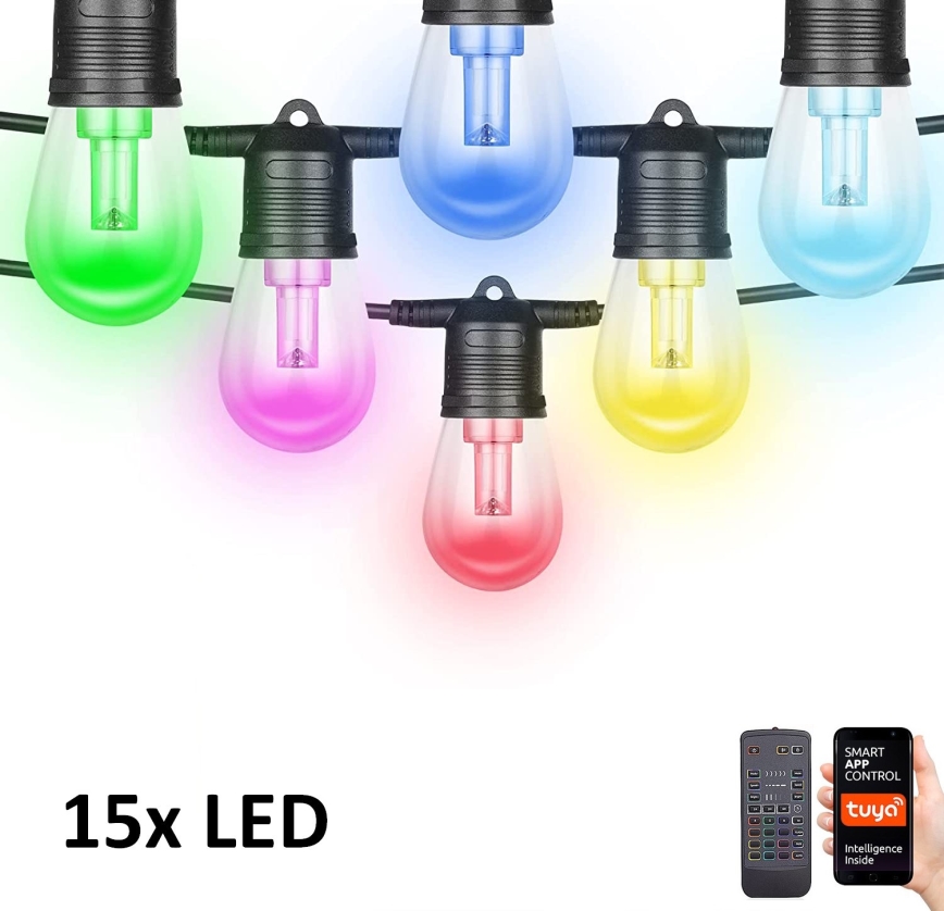 LED RGB+CCT Ściemnialny zewnętrzny łańcuch GIRLANDA 15xLED/1W/230V 15m Wi-Fi Tuya IP65 + zdalne sterowanie