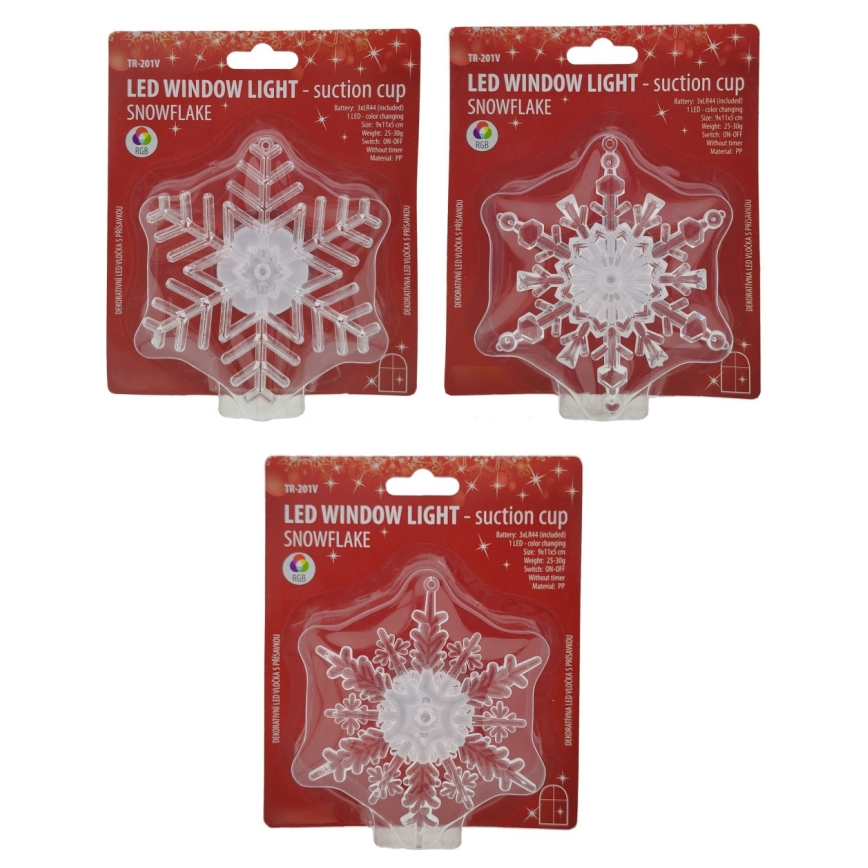 LED RGB dekoracja świąteczna z przyssawką LED/3xLR44 płatek śniegu