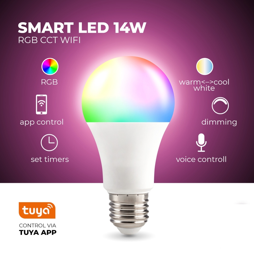 LED RGB Inteligentna ściemnialna żarówka E27/9,5W/230V 2700-6500K Wi-Fi Tuya