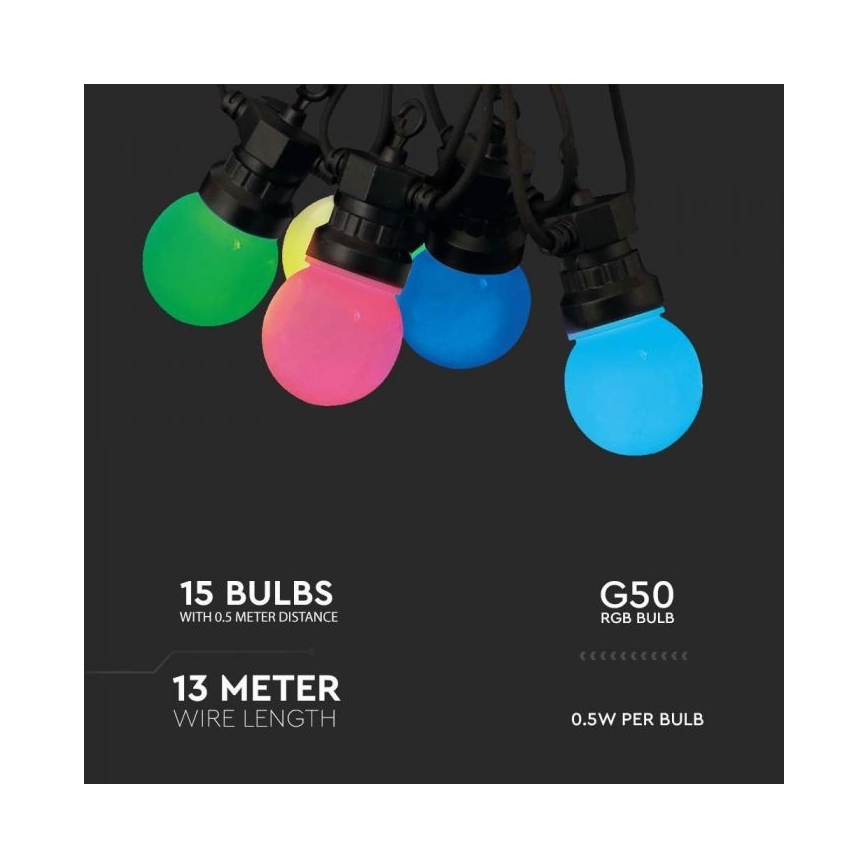 LED RGB Łańuch zewnetrzy STRING 13 m 15xLED/0,5W/230V IP44 + pilot zdalnego sterowania