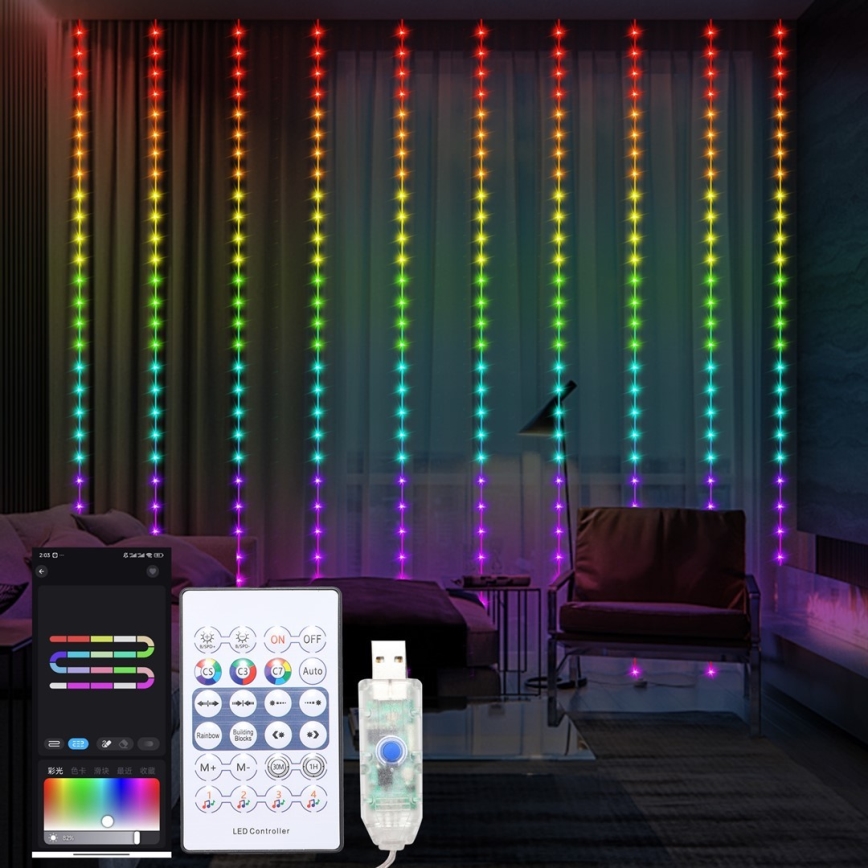 LED RGB Ściemnialna kurtyna bożonarodzeniowa WIZARD 300xLED/USB 3x3m + pilot zdalnego sterowania