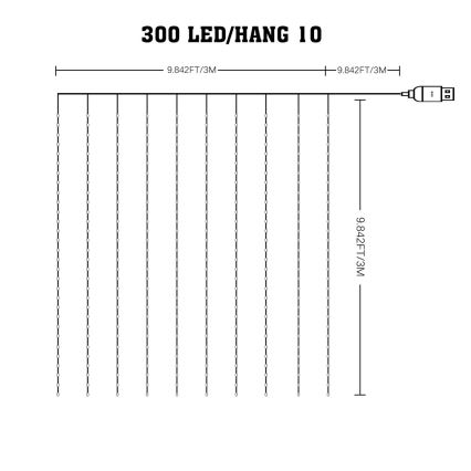 LED RGB Ściemnialna kurtyna bożonarodzeniowa WIZARD 300xLED/USB 3x3m + pilot zdalnego sterowania