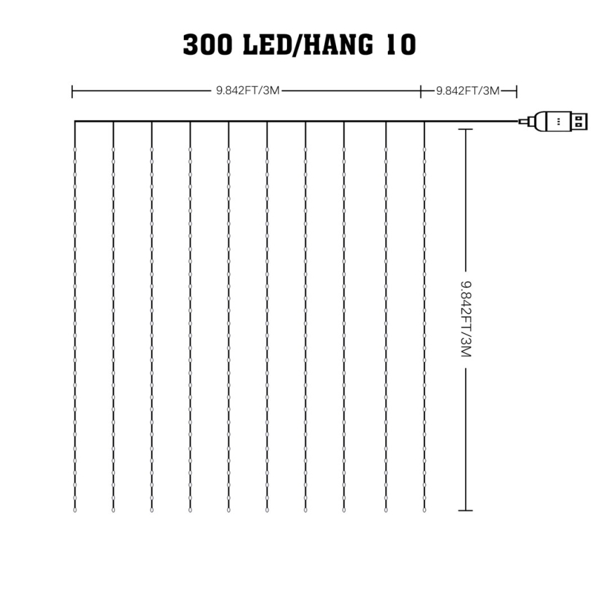 LED RGB Ściemnialna kurtyna bożonarodzeniowa WIZARD 300xLED/USB 3x3m + pilot zdalnego sterowania