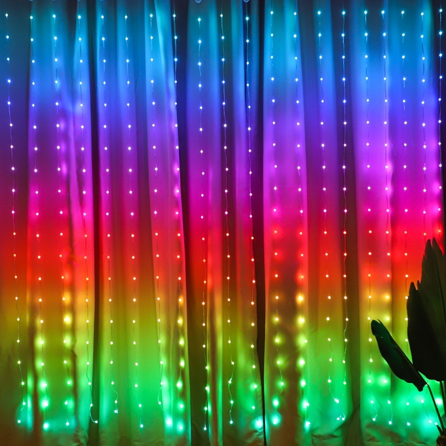 LED RGB Ściemnialna świąteczna kurtyna świetlna WIZARD 400xLED/USB 2x2m + pilot zdalnego sterowania