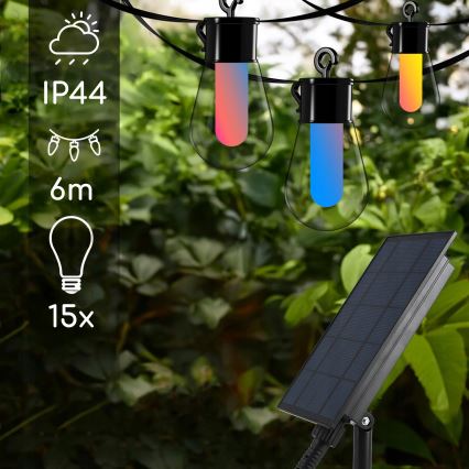 LED RGB ściemnialny solarny łańcuch dekoracyjny 15 diod LED/18 funkcji USB 6 m IP44 czarny + zdalne sterowanie