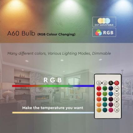 LED RGB Żarówka ściemnialna A60 E27/8,5W/230V 4000K + zdalne sterowanie