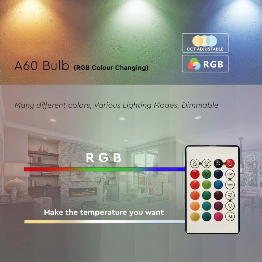 LED RGB Żarówka ściemnialna A60 E27/8,5W/230V 4000K + zdalne sterowanie